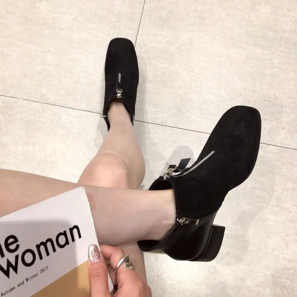 

Autumn/winter New Thick-soled Short Boots Square Toe Sandals Female Casual Shoes Thick Heel Martin Boots Suede 4cm Heel