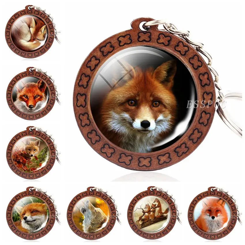 Брелок для ключей с изображением лисы деревянный брелок кабошоном и фотографией