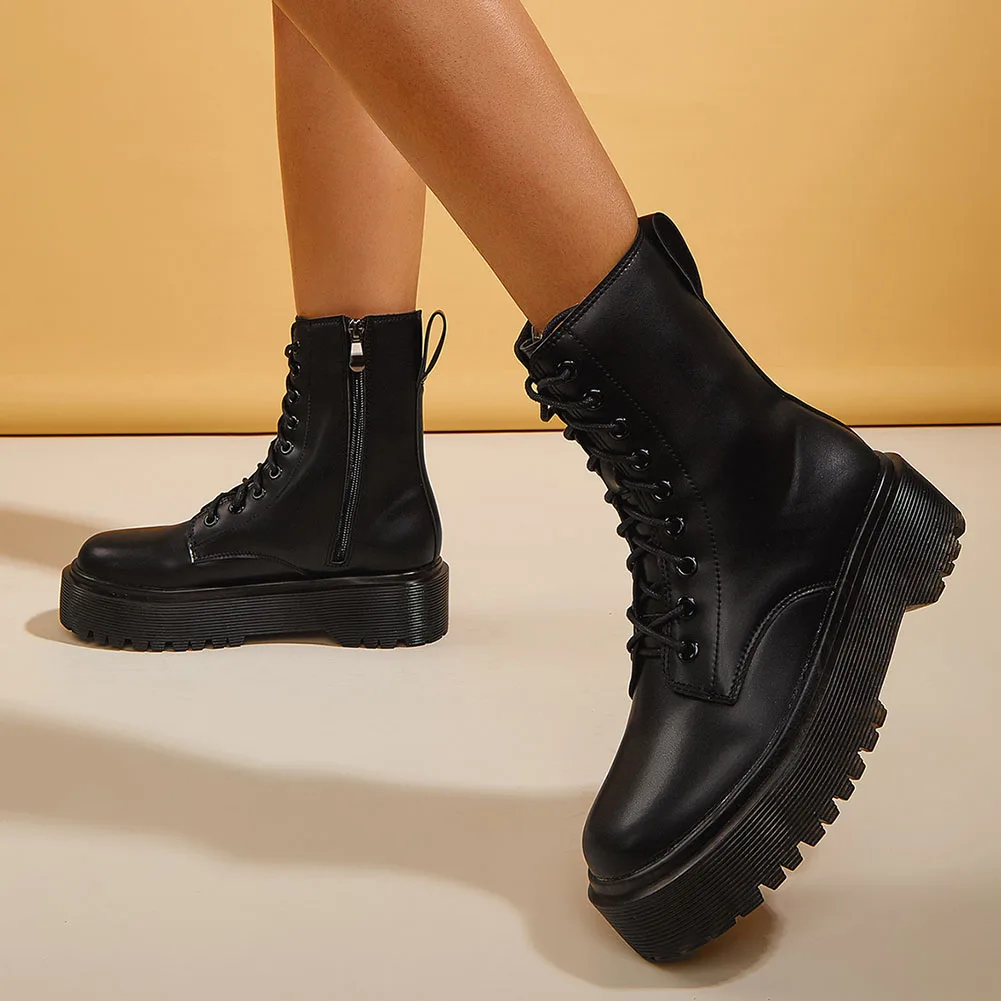 

Brand Design Female Motorcycle Boots Square Heel Solid Med Heel Ankle Boots 2021 Autumn Winter Platform Cool Street Women Shoes