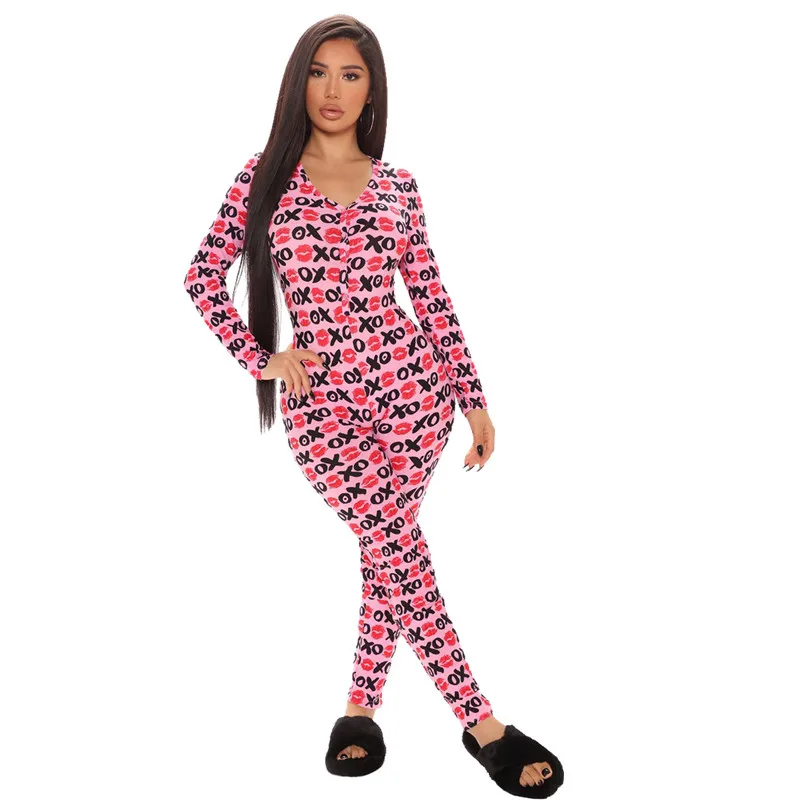 

Woman Sexy Printed Jumpsuit, V-neck Long Sleeve Button Flip Elastic Slim One-piece, Daily Life PP Window Home Suits
