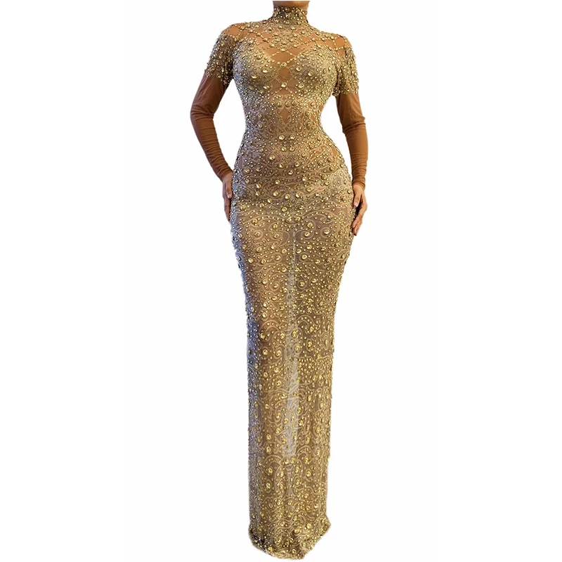 

Sexy Gold Printed Pattern Long Dress Big Stretch Spandex Rhinestones Dress Women Nightclub Dance Shinning Skinny Dress DWY3243