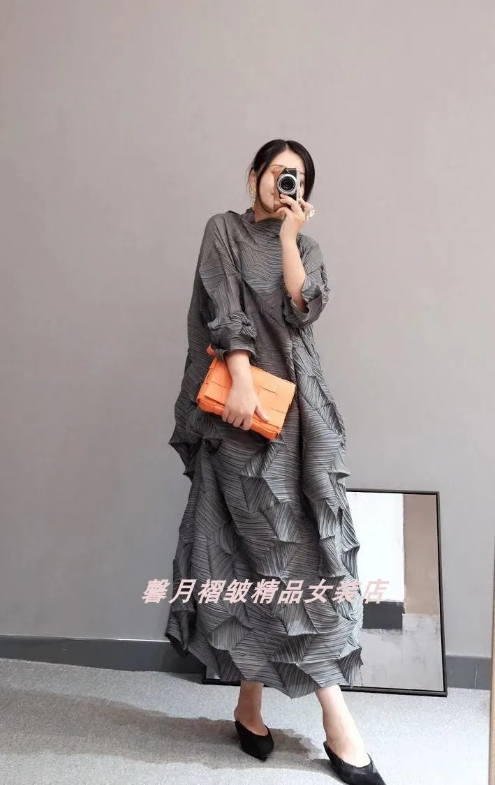 Горячая Miyake модное платье со складками со стразами, однотонное Свободное длинное платье со стоячим воротником