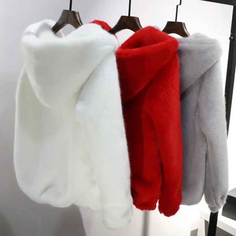 

Rabbit imitation fur winter grass mink faux fur coat ladies artificial fur hooded soft plus size 2021 women's jacket red,4XL,5xl