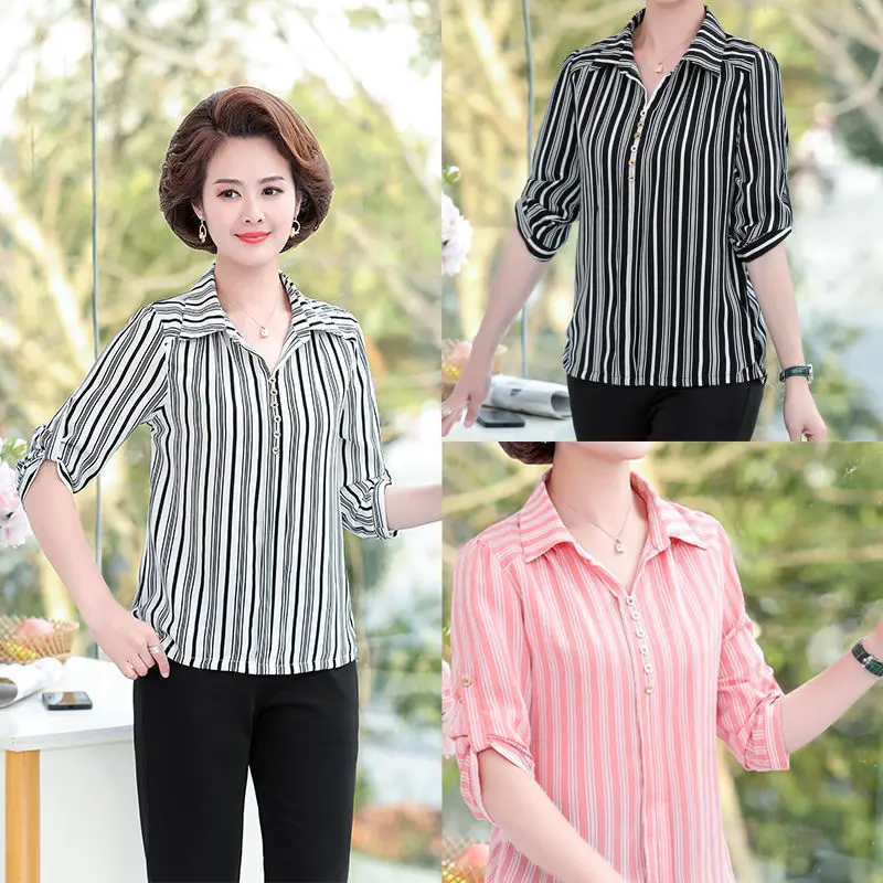 

2021 spring and summer fashion new women's sleeved striped shirt chiffon Korean style striped leisure
