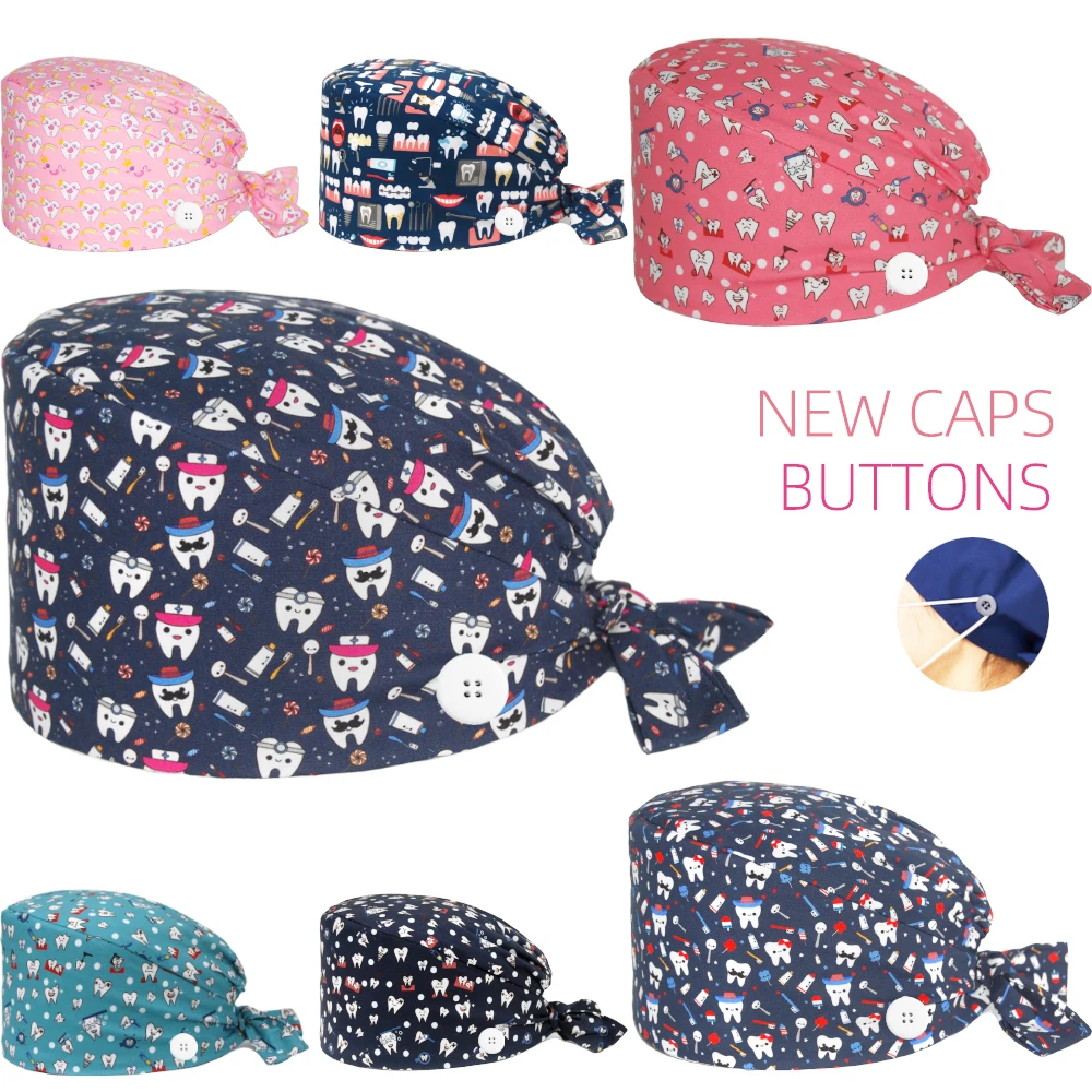 Новая хирургическая шапочка регулируемая Хлопковая с принтом зубов для женщин и