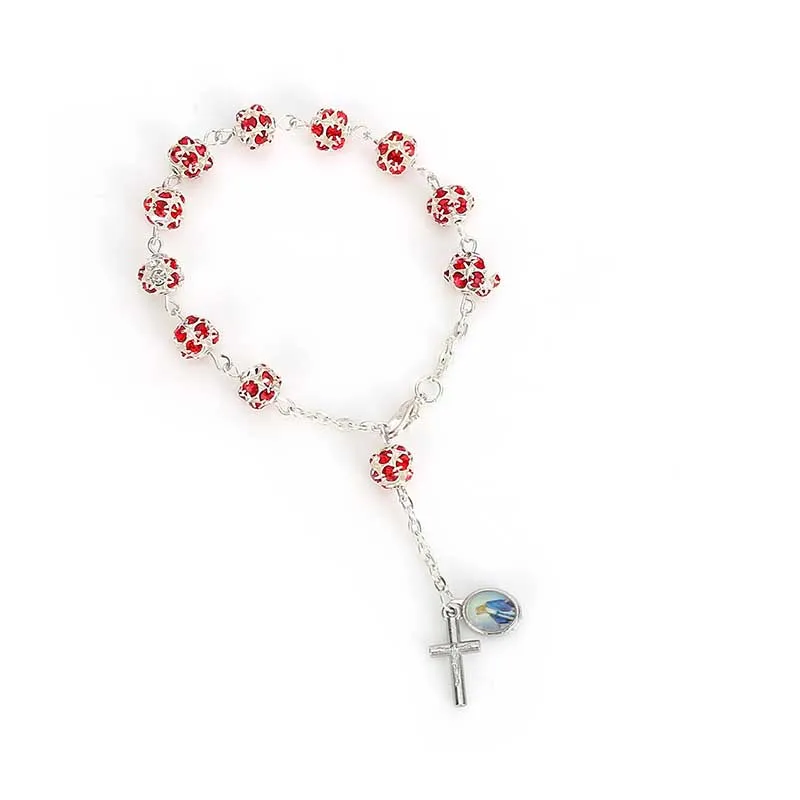 Браслет католический розовый с искусственным жемчугом и кристаллами для детей |