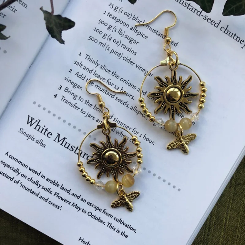 

Подвески в виде солнца, золотистые серьги с медом, нефритом, золотой Пчелкой, хрустальные бусины, украшение в стиле Таро, подарок