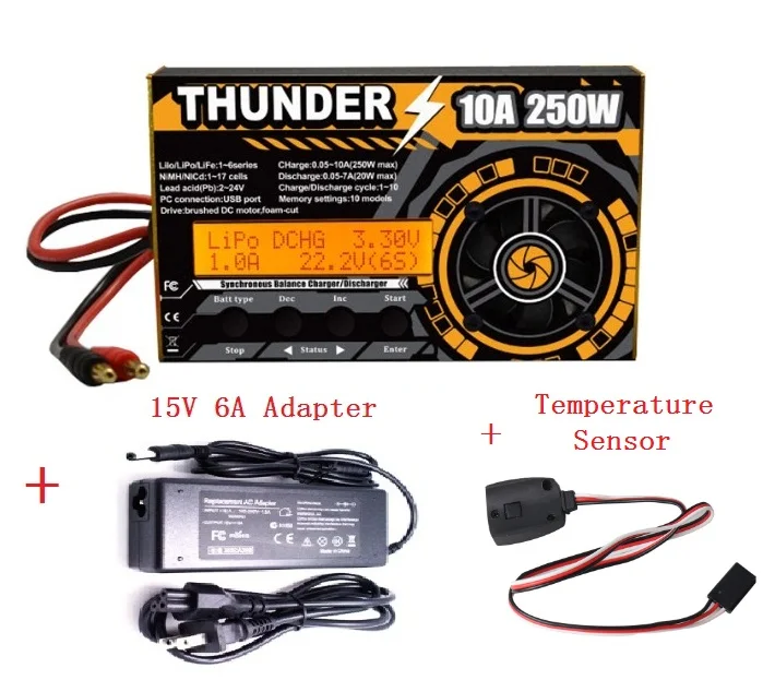 

HOTA Thunder 250 Вт 10A DC балансирующее зарядное устройство Dis, зарядное устройство с адаптером питания 15 в 6 А, датчик температуры для аккумулятора ...