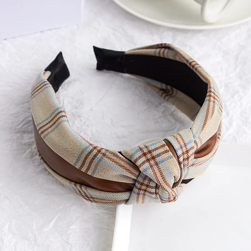 

Retro PU Leather Knotted Headband Plaid Print Cross Knot Hairband Bezel New Lattice Hair Hoop for Women Hair Accessories
