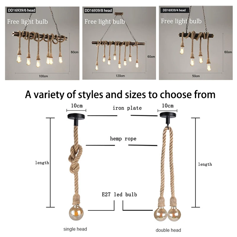 Светодиодный Ретро подвесной светильник на пеньковом канате основание