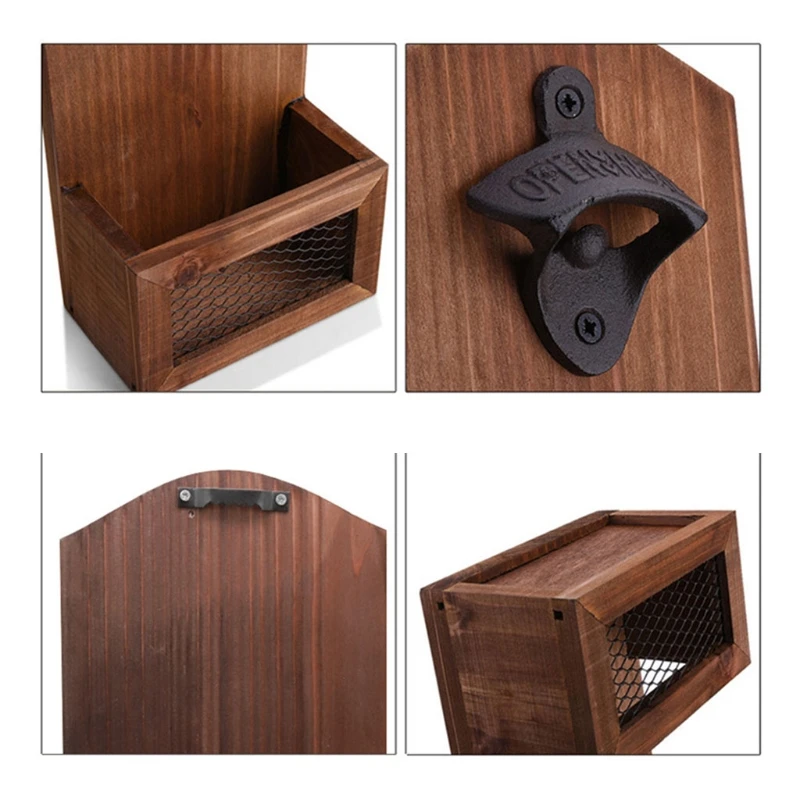 

T3EA Wall Mounted Vintage Wooden Bottle Opener with Catcher for Bar Kitchen Home Patio Wine Beer Bottle Opener Creative