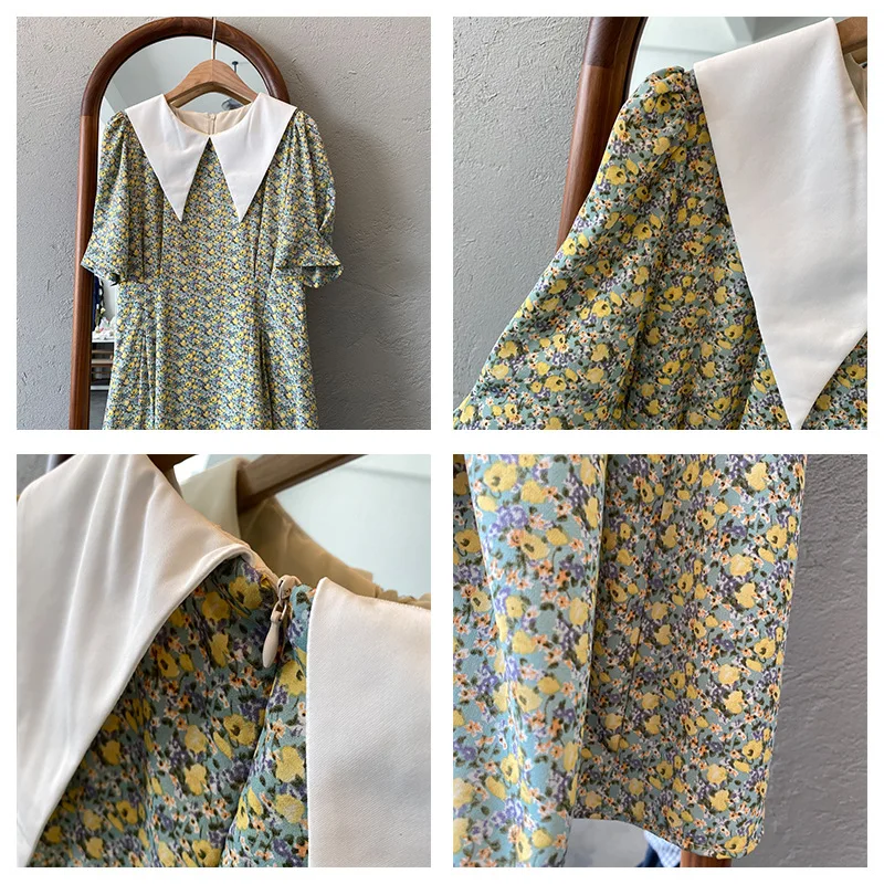 Лето 2020 новое платье с цветочным рисунком и воротником в морском стиле высокая