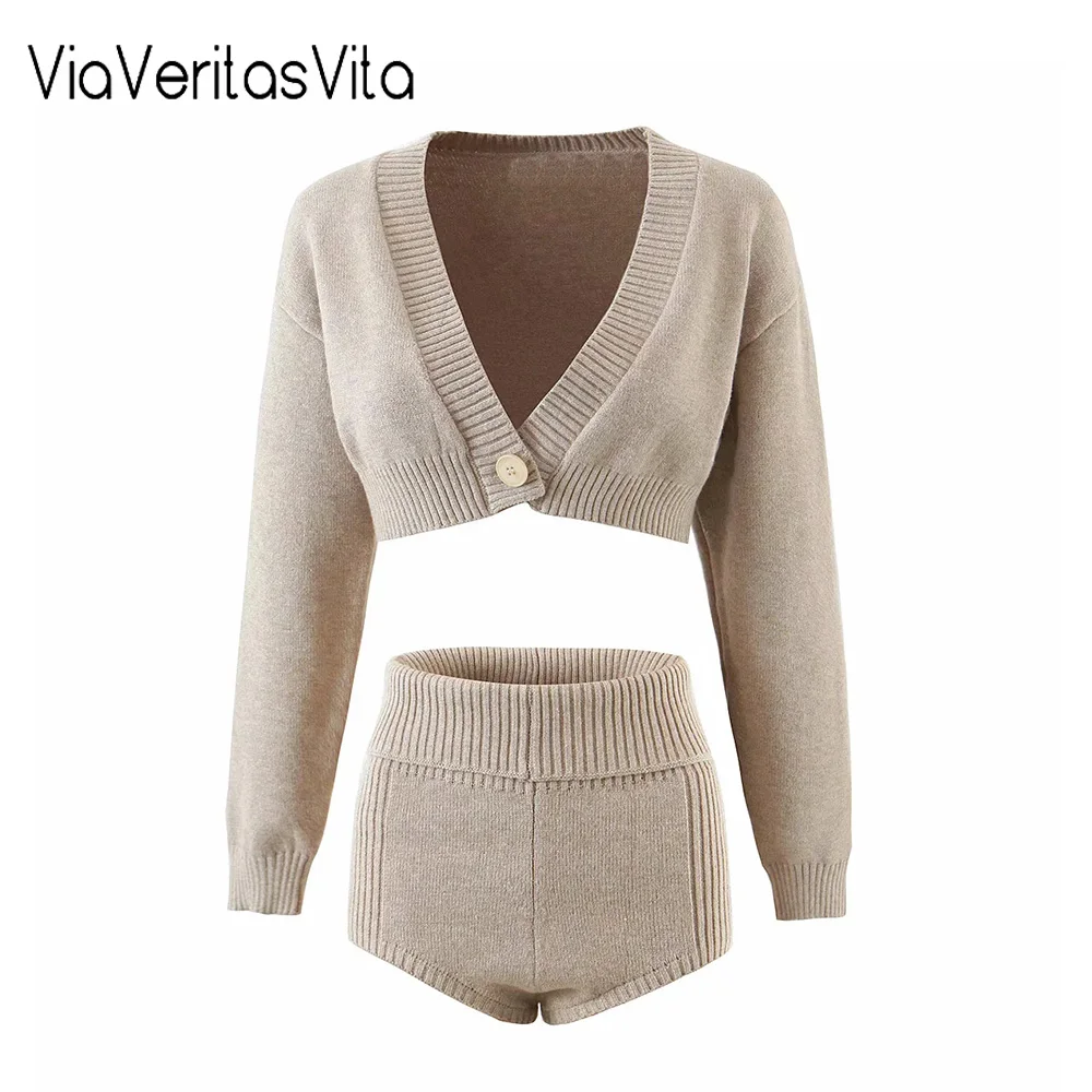 

YAMY New 2 Pcs/Set Womens Cropped Cardigan + High Waist Knit Short Set Autumn Sexy Knitted Sweater Kimino Short Set Party Wear