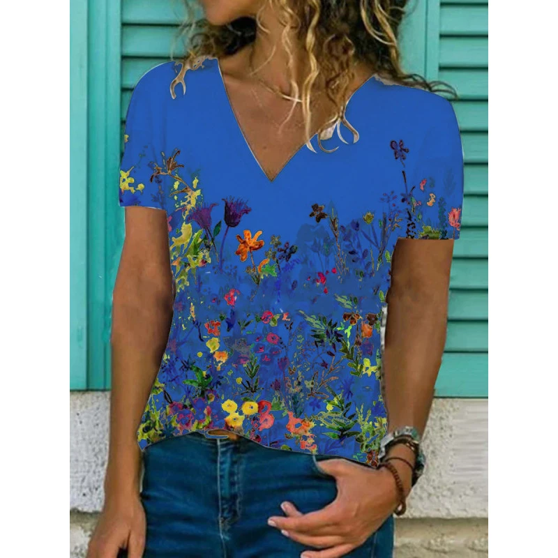 

Women V-neck Slim Short Sleeve Tops Temperament Commuter Floral Print Pullover All-match Lady T Shirt