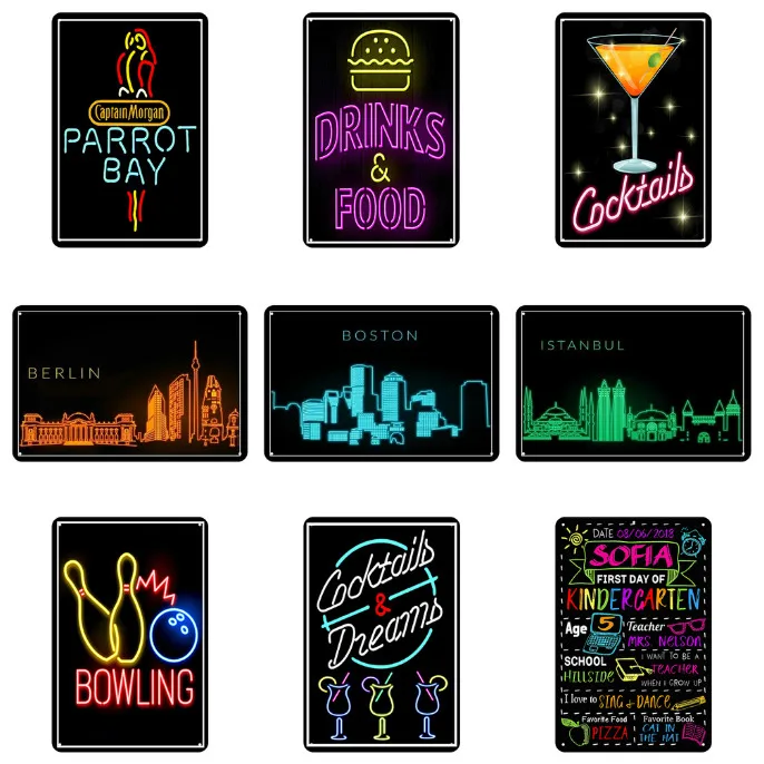 

Fluorescent Bar Club Pub Tin Sign Decorative Metal Plaque Colorful Cocktail Beer Bowling Coffee Shop Iron Plate Wall Decor