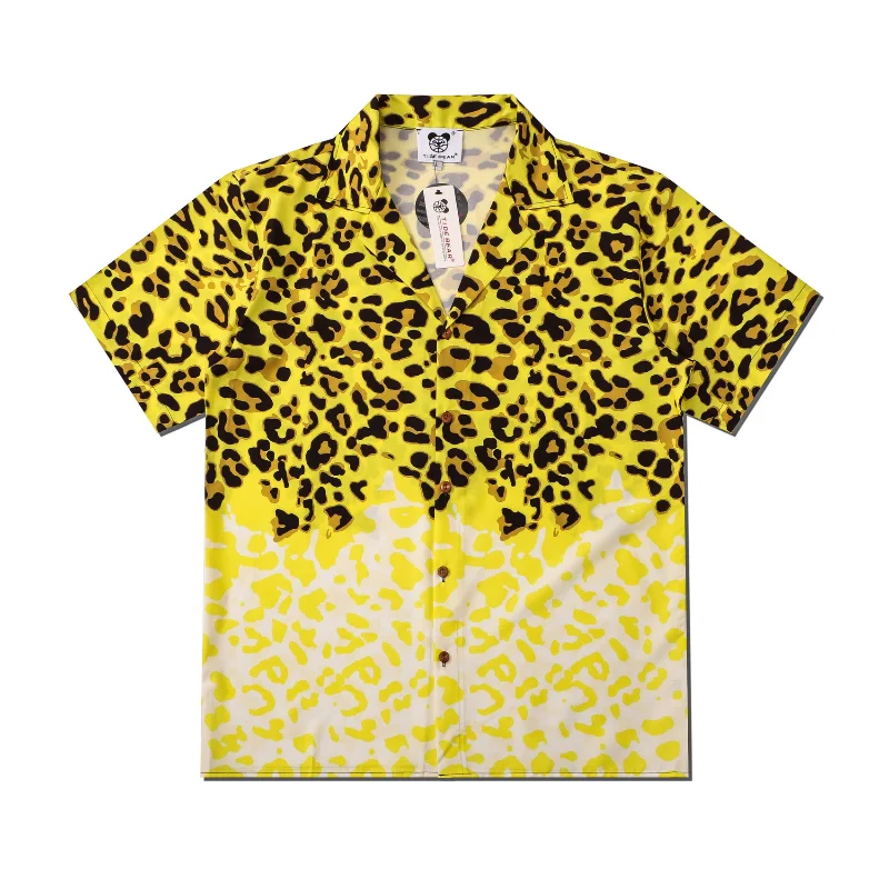 

Summer Leopard Printed Cool Shirts For Men Graphic Short Sleeve Casual Dress Shirt Women Yellow Clothes Chemise Hawaiienne Homme