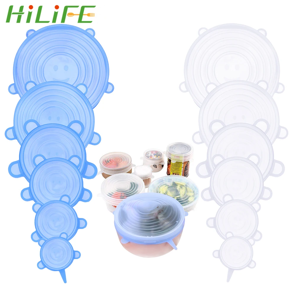 HILIFE 6 шт., силиконовые Эластичные крышки, пищевая пленка, сохраняющая свежесть, сковорода, кастрюля, крышка для кастрюли, многоразовые кухонные аксессуары
