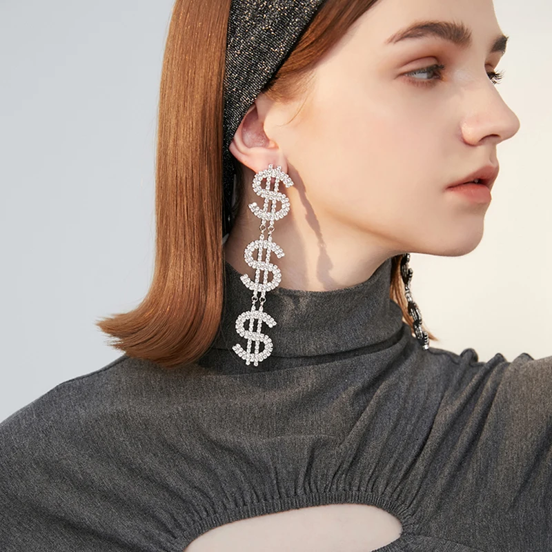 Женские серьги с подвесками золотистые серебристые долларовые черные пятничные