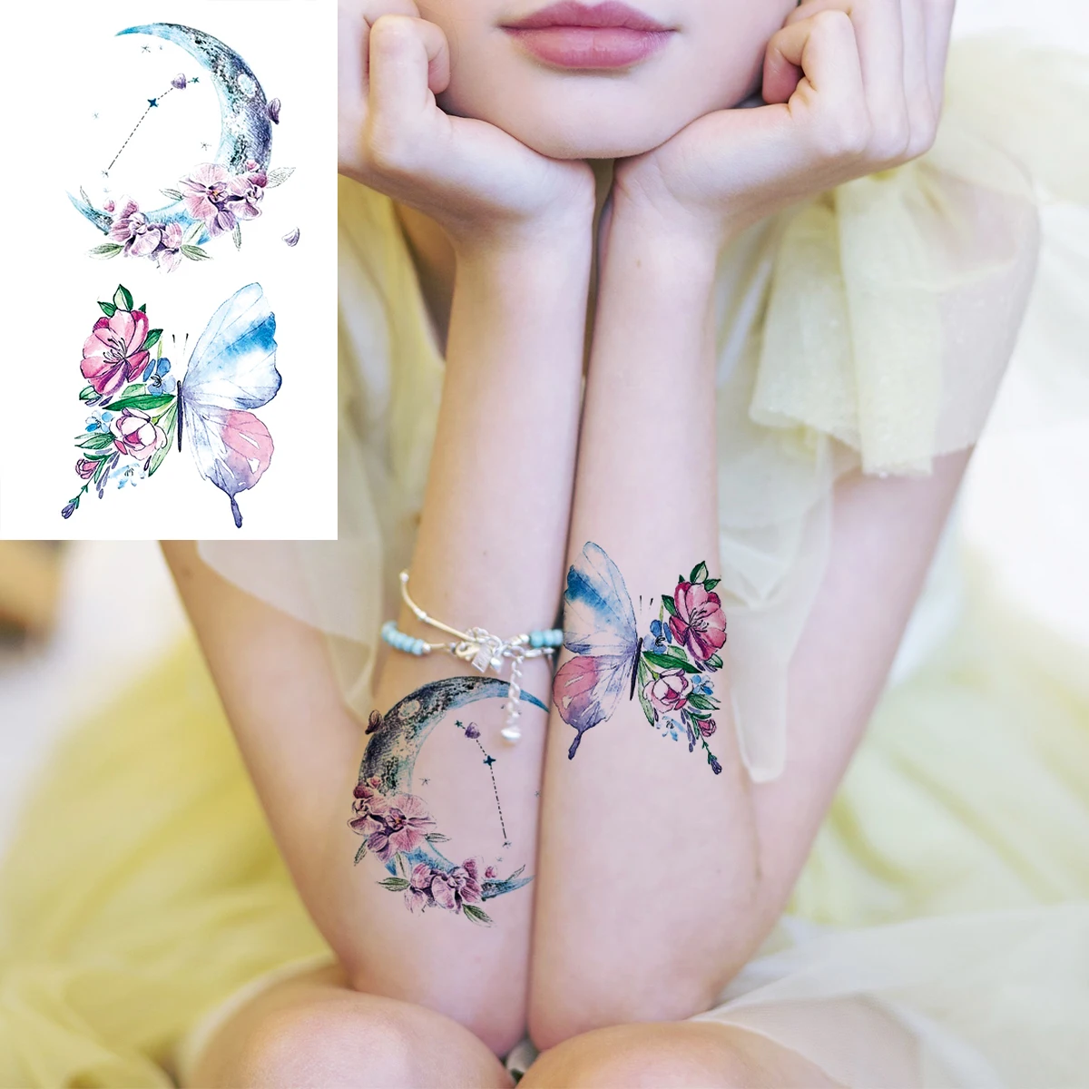 Акварель цветок бабочка временные татуировки для Для женщин и девочек КИТ Луна