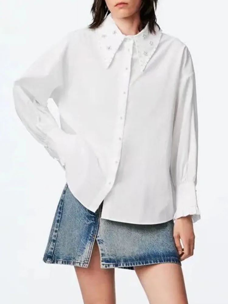

ZA autumn new women's sweet doll collar artificial jewelry decoration long-sleeved single-breasted loose poplin shirt
