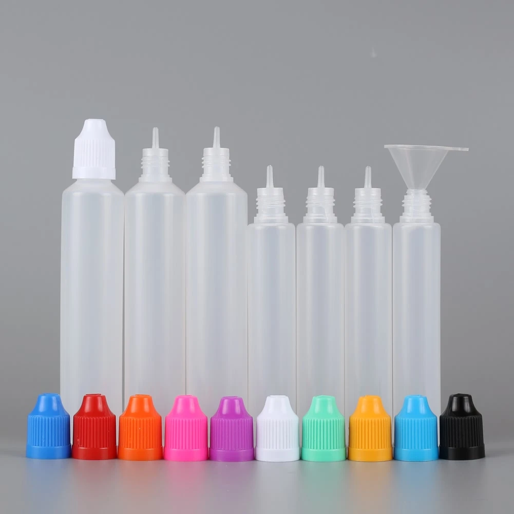 30Pcs 30ml 60ml LDPE Plastic Squeezable Pen Dropper Bottle E juice Childproof Cap Long Thin Tip w/ Funnels Eye Liquid Containers