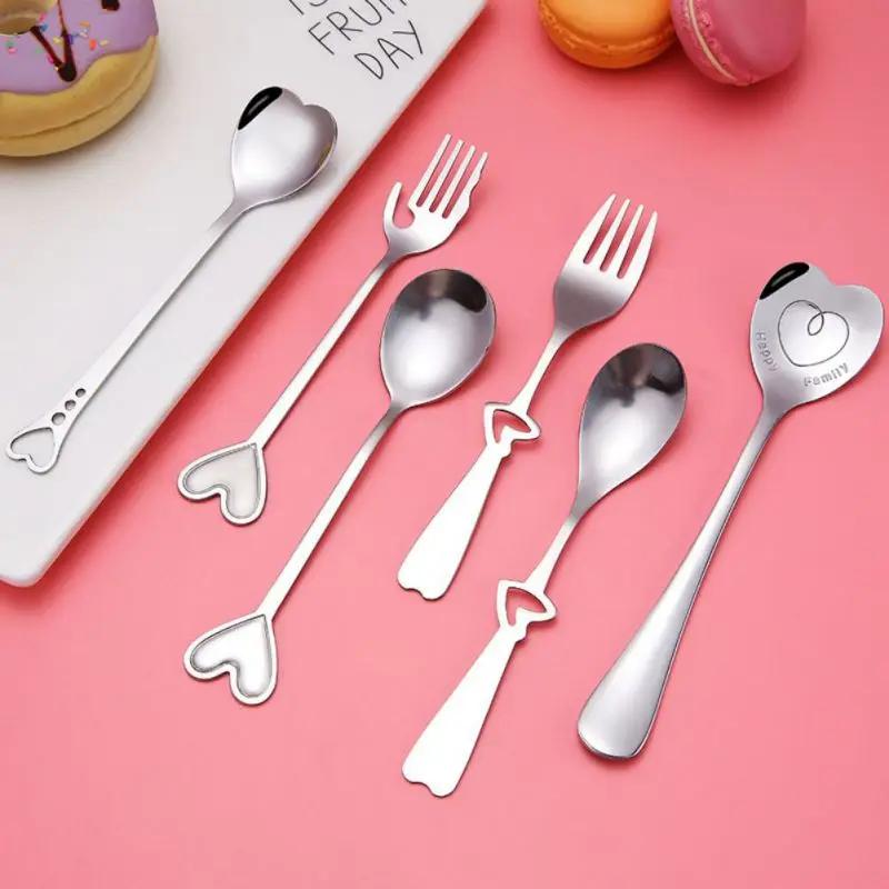 

Stainless Steel Heart Shaped Fork Long Handle Sugar Spoon Tea Coffee Dessert Cutlery Teaspoon Valentine's Day Gift