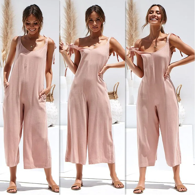 Women Rompers Casual Loose Linen Cotton Jumpsuit Sleeveless Backless Playsuit Trousers Strappy Jumpsuits Autumn Summer New 5