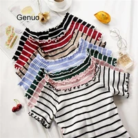stripe square collar cropped t shirt new female students short sleeve tshirts crop tops for woman 2020 summer