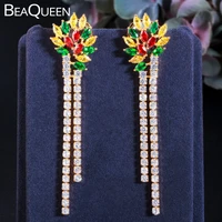 beaqueen multicolored cubic zirconia cz long dangle tassel earrings for women african gold color bridal wedding jewelry e411