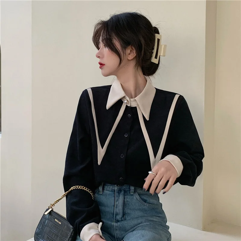 

Chic Early Autumn Top Sweet Chic Design Sense French Style Retro Peter Pan Collar Corduroy Shirt for Women