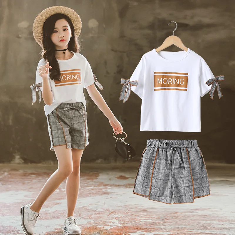 

Girls Clothes Sets Children Summer Clothing Outfits Kids Girl T-Shirt + Plaid Short Pants 2pcs Suits Casual Tracksuit 8 10 Year