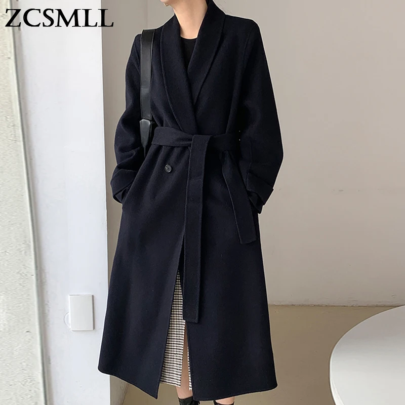 

ZCSMLL корейское осенне-зимнее французское элегантное двубортное пальто выше колена с воротником-костюмом и завязкой на талии