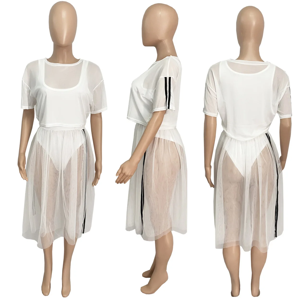 Mesh Women Skirts 3PCS Sets 2021 Summer  3XL Sports Vest Jumpsuit + Net Gauze Two-Piece Set Half Skirt Nightclub Outfit