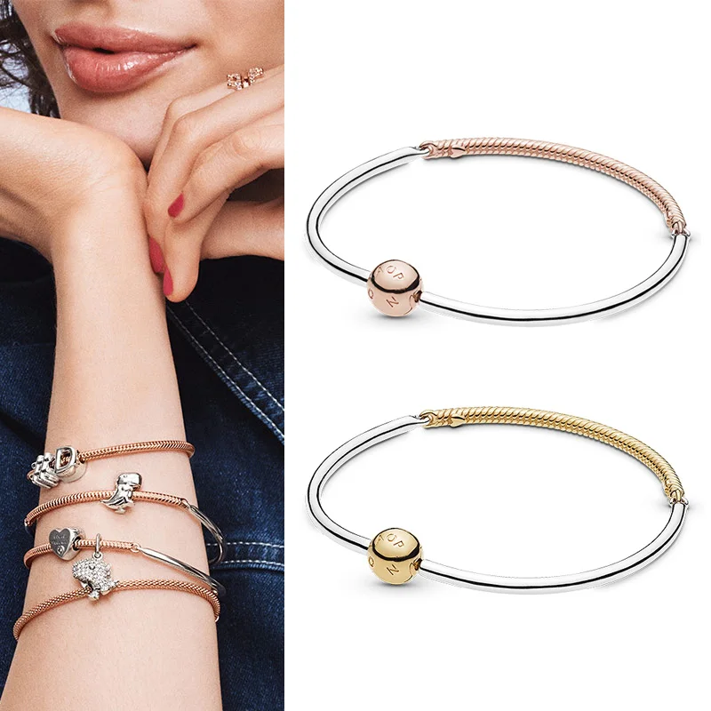 

100% 925 брелок Silver Pan Bracelet Round Classic Gold Three Link Pan Bracelet Fit European Charm Bracelets Women Jewelry