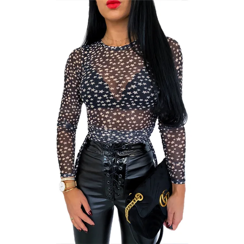 Женские сетчатые Прозрачные топы с длинным рукавом прозрачная блузка Одежда для