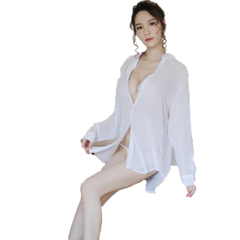 

HYRAX Erotic Clothing Underwear Thin White Chiffon Shirt Pajamas Large Size Sexy See-through Tulle Sexy Skirt