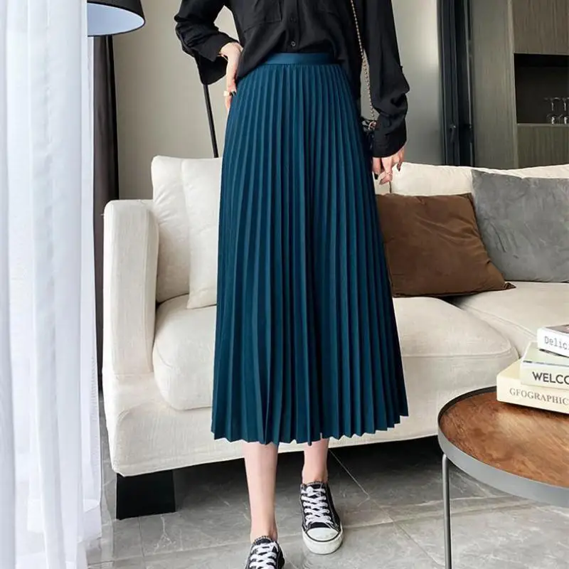 

2022Autumn Winter New Elastic High Waist Slim Casual Pleated Skirt Simple Solid Color Temperament Women Long Skirt Free Shipping