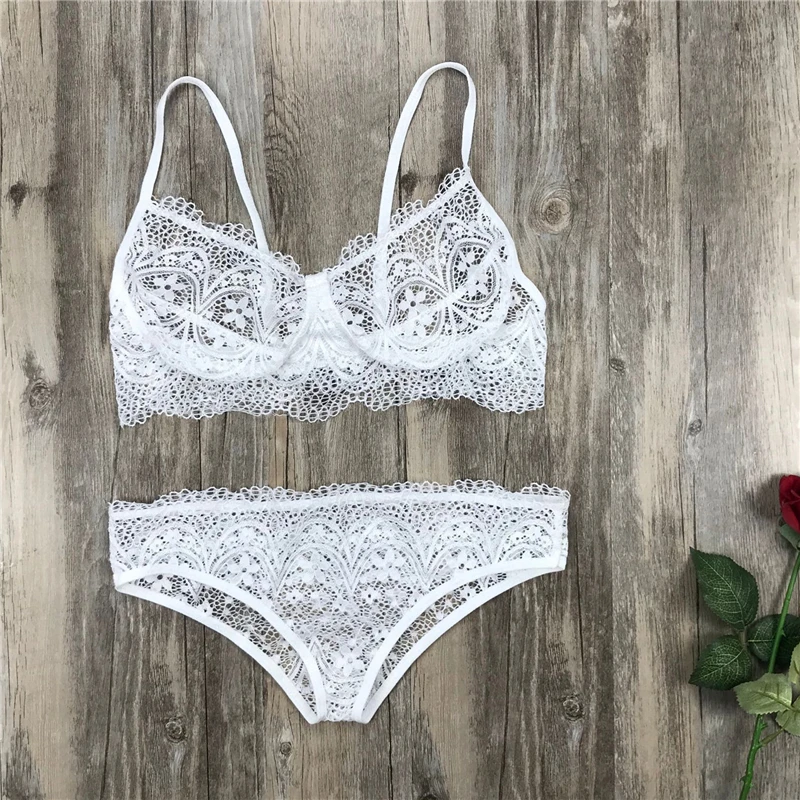 

2021 New Sexy Lace Bra Wear Bralette Ladies Push Up Lingerie Bras Briefs Set For Women Deep V Cross Back Transparent G-string