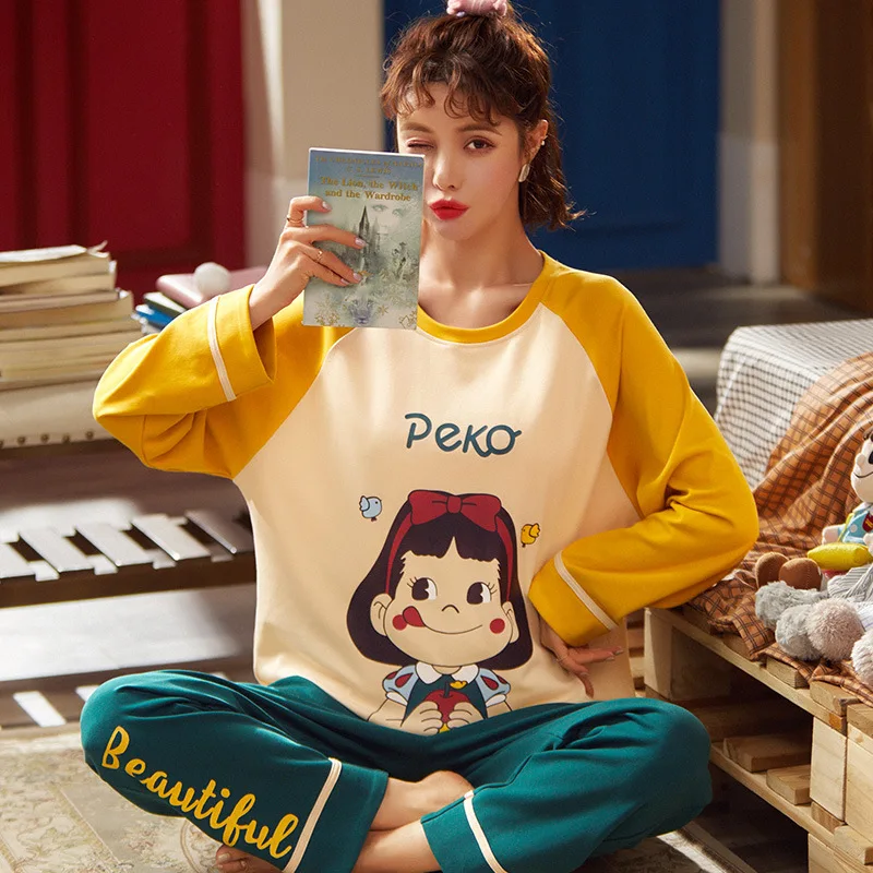 

Lady Shirt&Pants Cotton Pajamas Set Lounge 2PCS Sleepwear Casual Home Clothing Homewear Cute O-Collar Pijamas Suit Nightwear