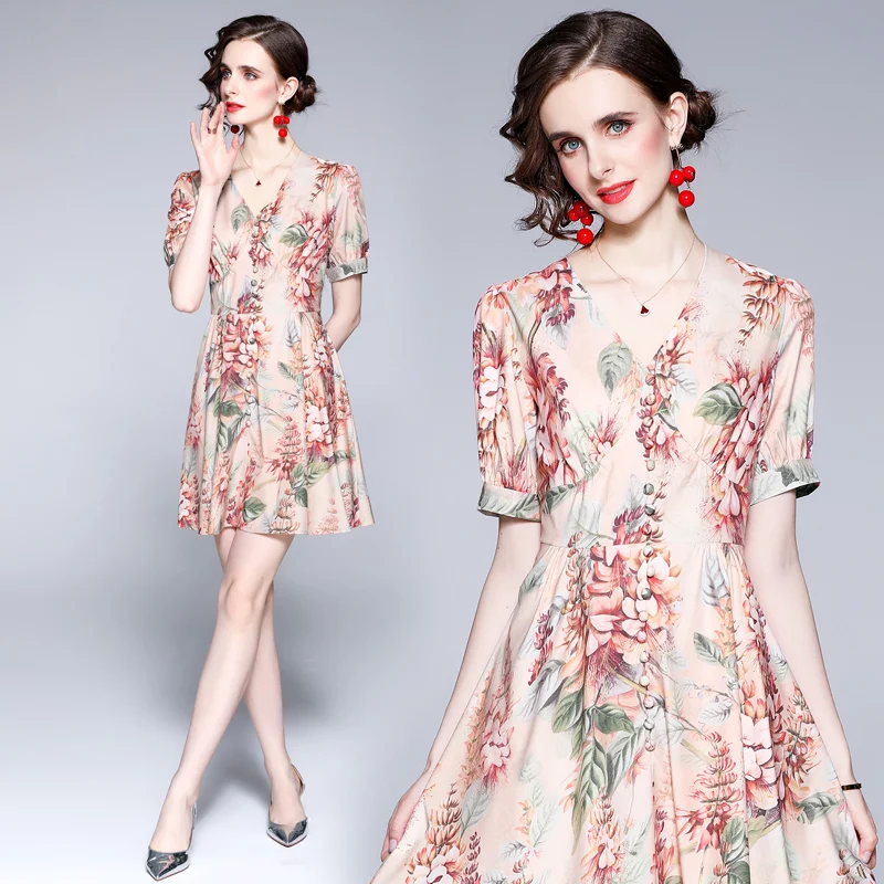 

Simgent V-Neck Mini Dress Women Summer Fashion Buttons Short Sleeve A Line Elegant Print Dresses Robe Femme Frocks SG1654