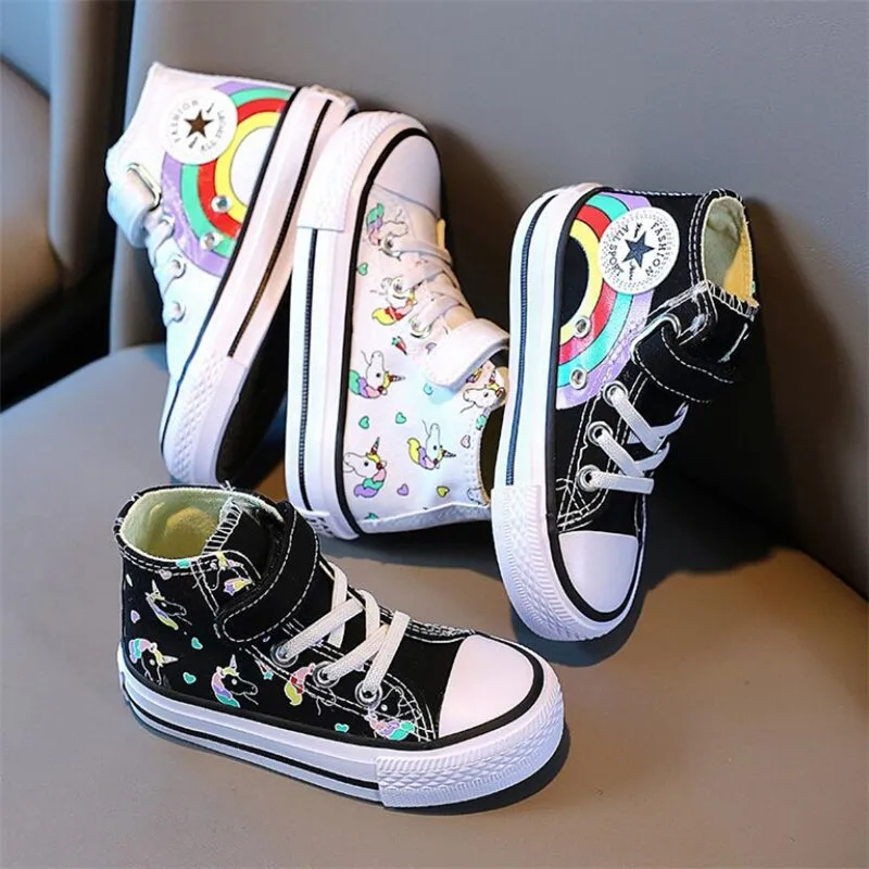 

Детская парусиновая обувь, весна-осень, корейские радужные Мультяшные кроссовки, обувь для мальчиков и девочек, высокие ботинки на липучке