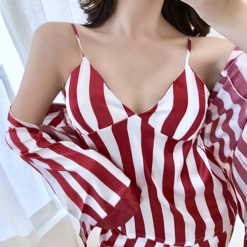 3 шт. полосатый пижамный комплект Женский костюм для сна из искусственного шелка