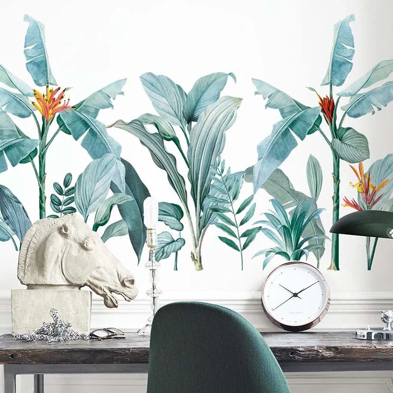 Большие синие настенные наклейки в скандинавском стиле с листьями для украшения