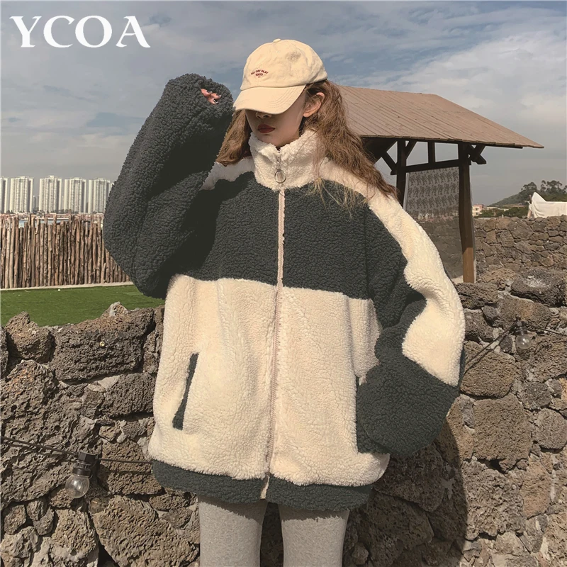 

Women's Jacket Winter Outerwear Patchwork Turtleneck Long Sleeve Top Zipper Thicken Streetwear Korean Fashion Oversized Clothing