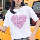 Модная женская футболка с принтом в виде розовых лепестков сердца, Летняя Повседневная белая футболка с коротким рукавом, Топ в стиле Харадзюку, уличная одежда, женская футболка
