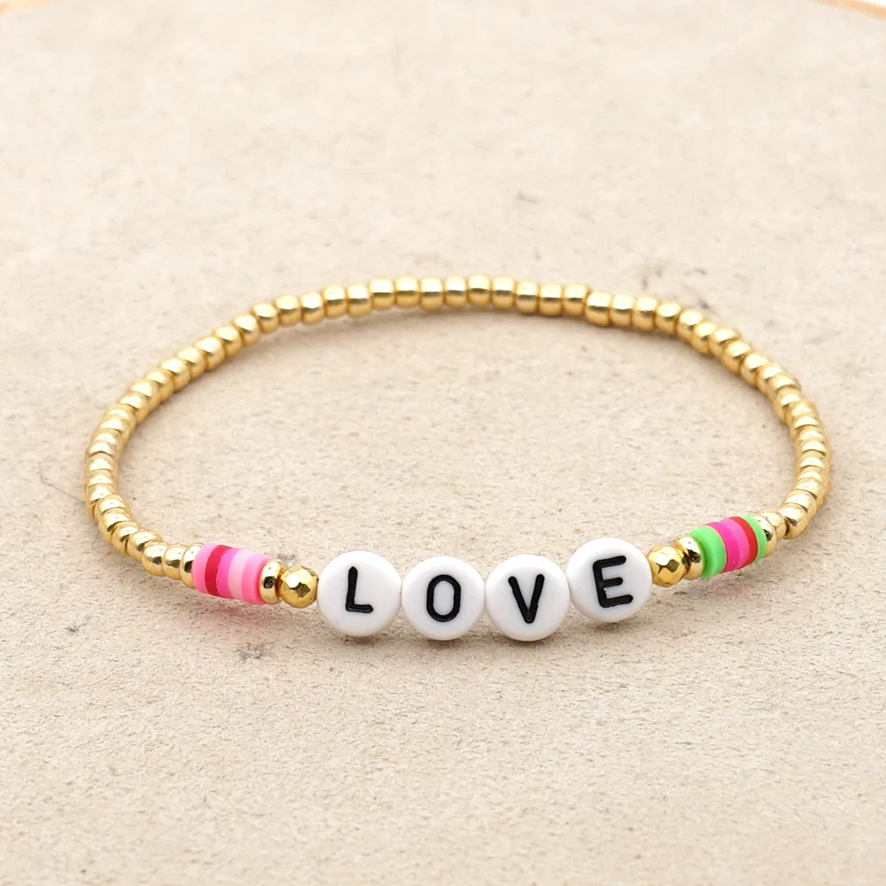 

GO2BOHO LOVE Letter Bracelets Heishi Vinyl Beaded Bracelet For Women Trendy Jewelry Femme High Quality Gold Color Beads