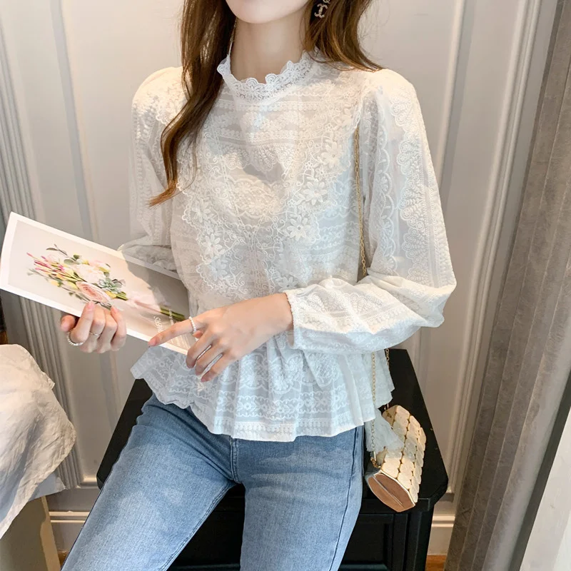 

Women's Lace Shirt 2021 Autumn Sweet Collar Western Style White Short Small Shirt