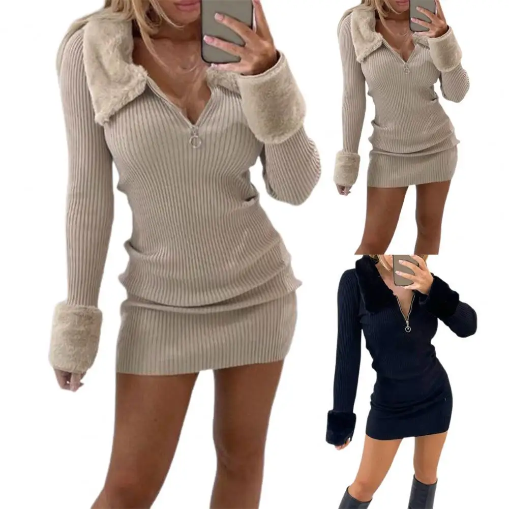 

Ladies Bodycon Dress Plush Lapel Super Soft Charming Stitched Cuffs Skinny Dress for Outdoor