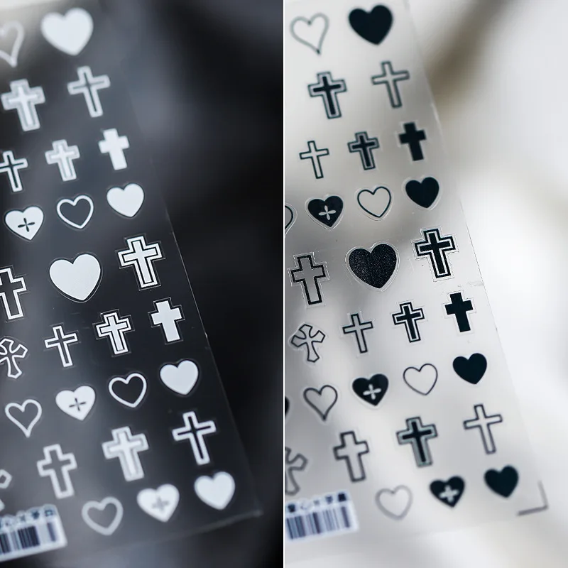 

Черно-белые крестик Любовь Сердце 3D клейкие наклейки для ногтей 5D рельефные рельефы искусственные ногти оптовая продажа Прямая поставка