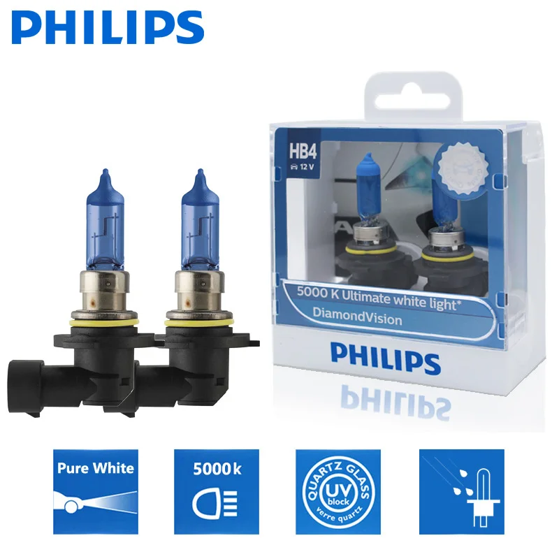 2 шт. автомобильные галогенные лампы Philips HB4 9006 12 В 55 Вт P22d Diamond Vision 5000K|Лампы для